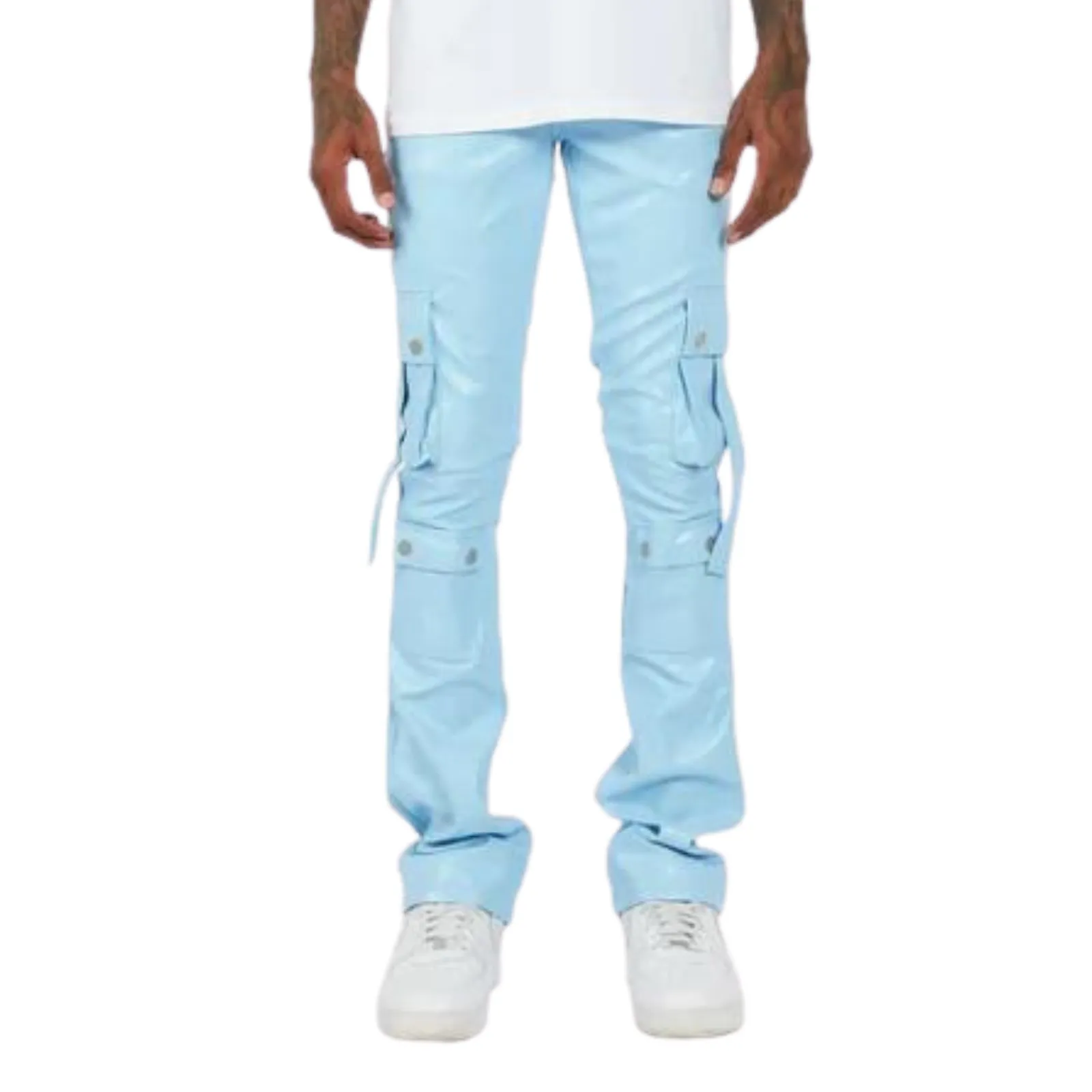 BABY BLUE LEATHER CARGO STACKED PANTS