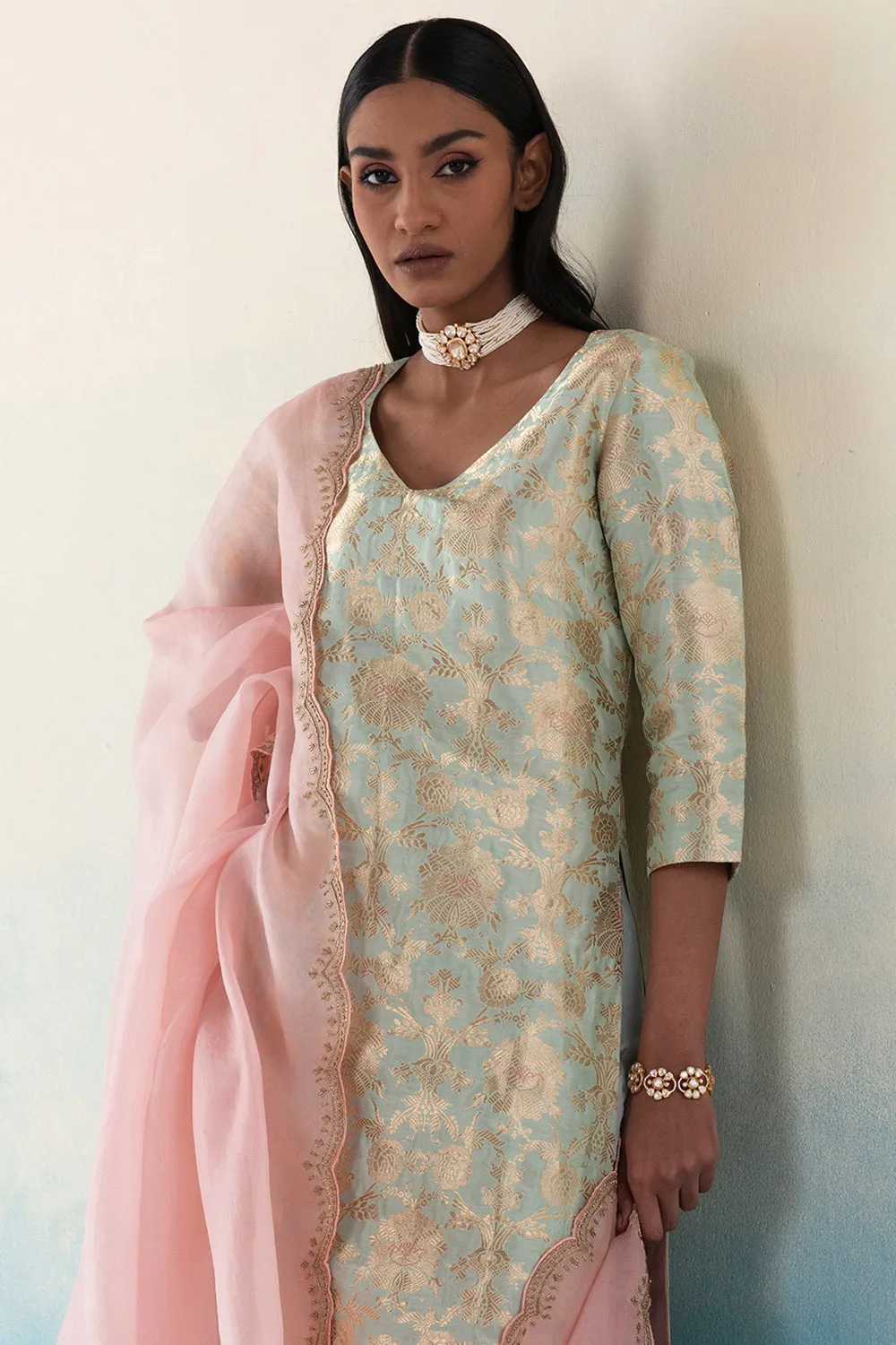 Banarasi Mint Pure A-Line Kalidar Kurta Set