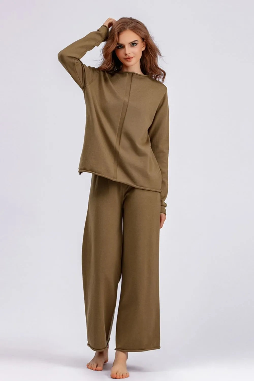 Basic Bae Rolled Round Neck Top and Pants Sweater Set