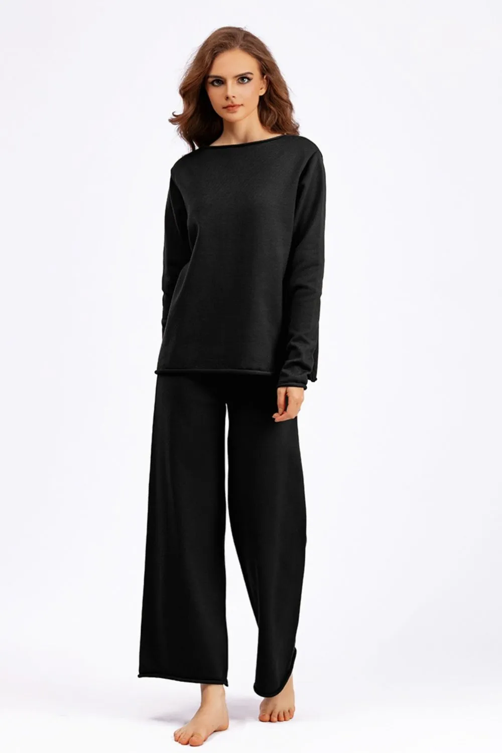 Basic Bae Rolled Round Neck Top and Pants Sweater Set