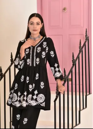 Black Chikankari Cotton Short Kurti Palazzo Set