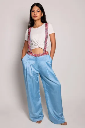 Blue Pleated Wide Leg Dungrees