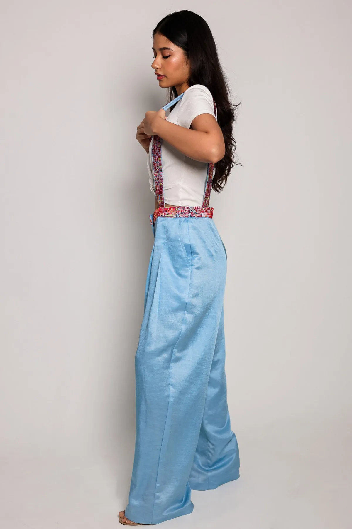 Blue Pleated Wide Leg Dungrees