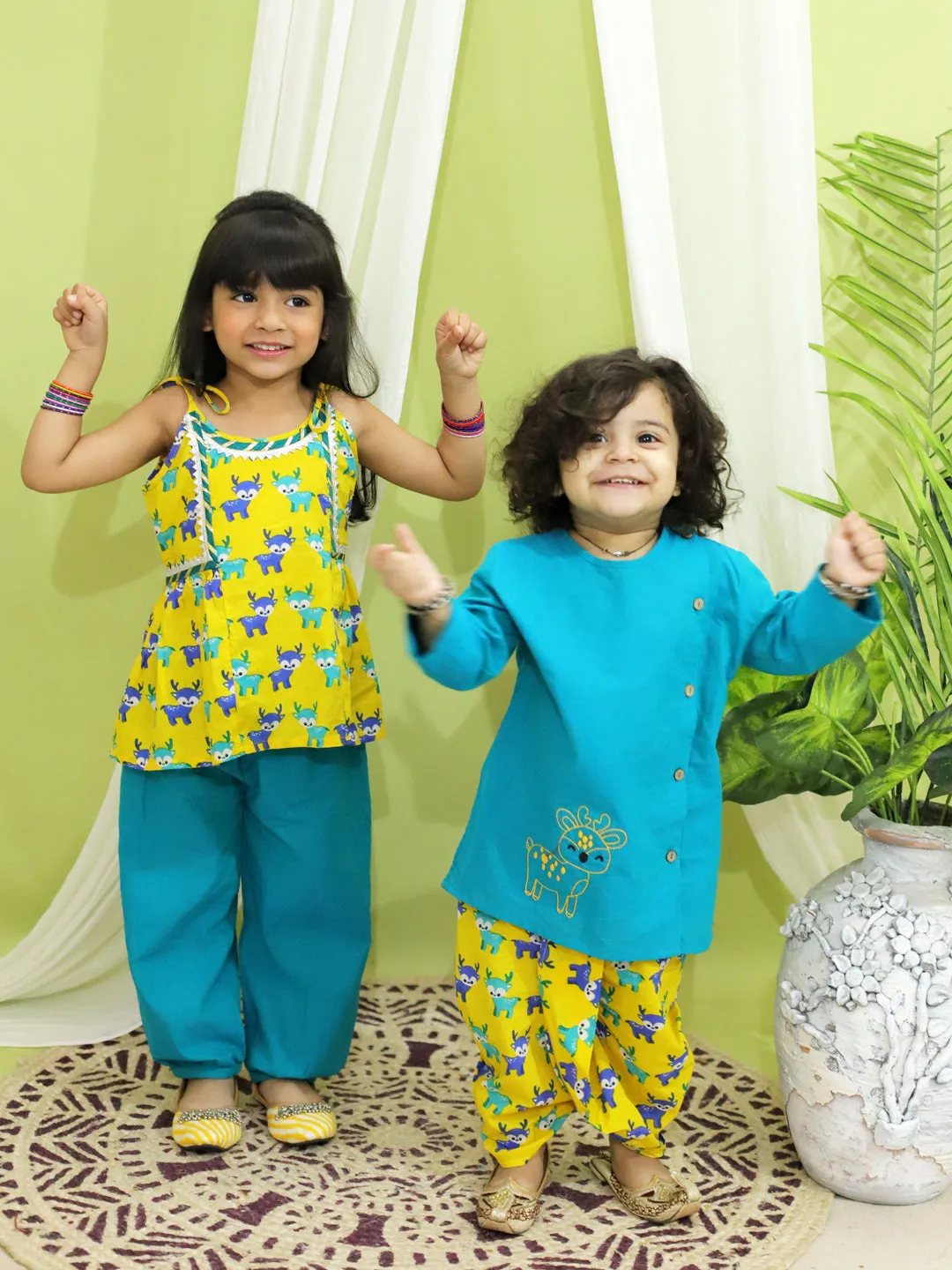 BownBee Sibling Set Embroidered Pure Cotton Kurta with Printed Dhoti for Boys with Deer Print Pure Cotton Top Harem Set for Girls- Green