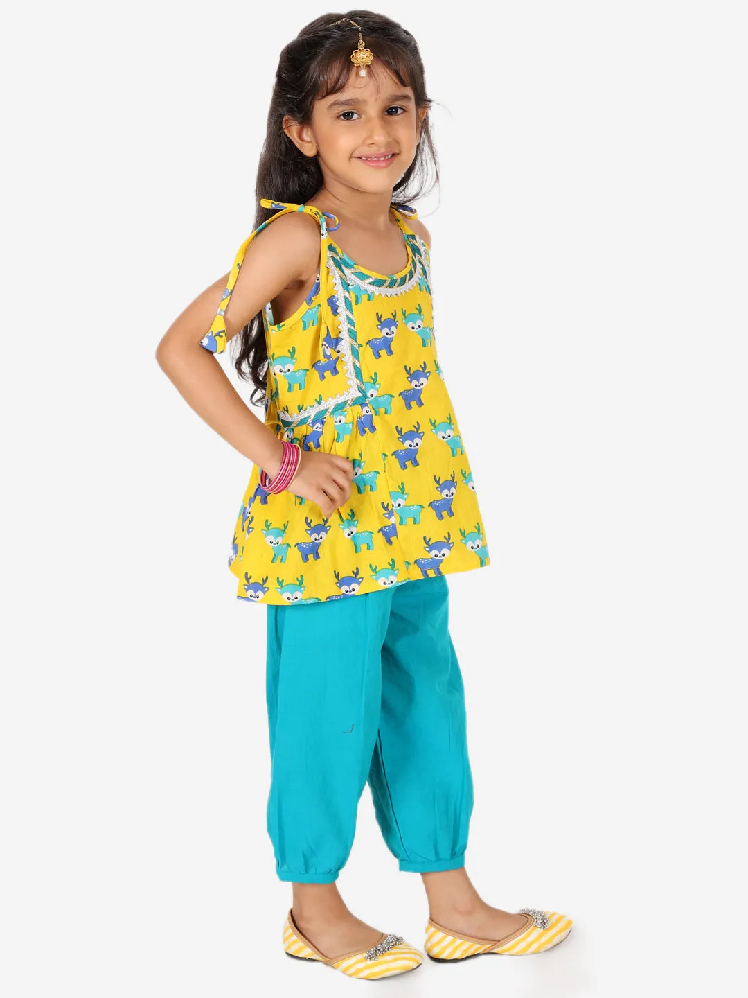 BownBee Sibling Set Embroidered Pure Cotton Kurta with Printed Dhoti for Boys with Deer Print Pure Cotton Top Harem Set for Girls- Green