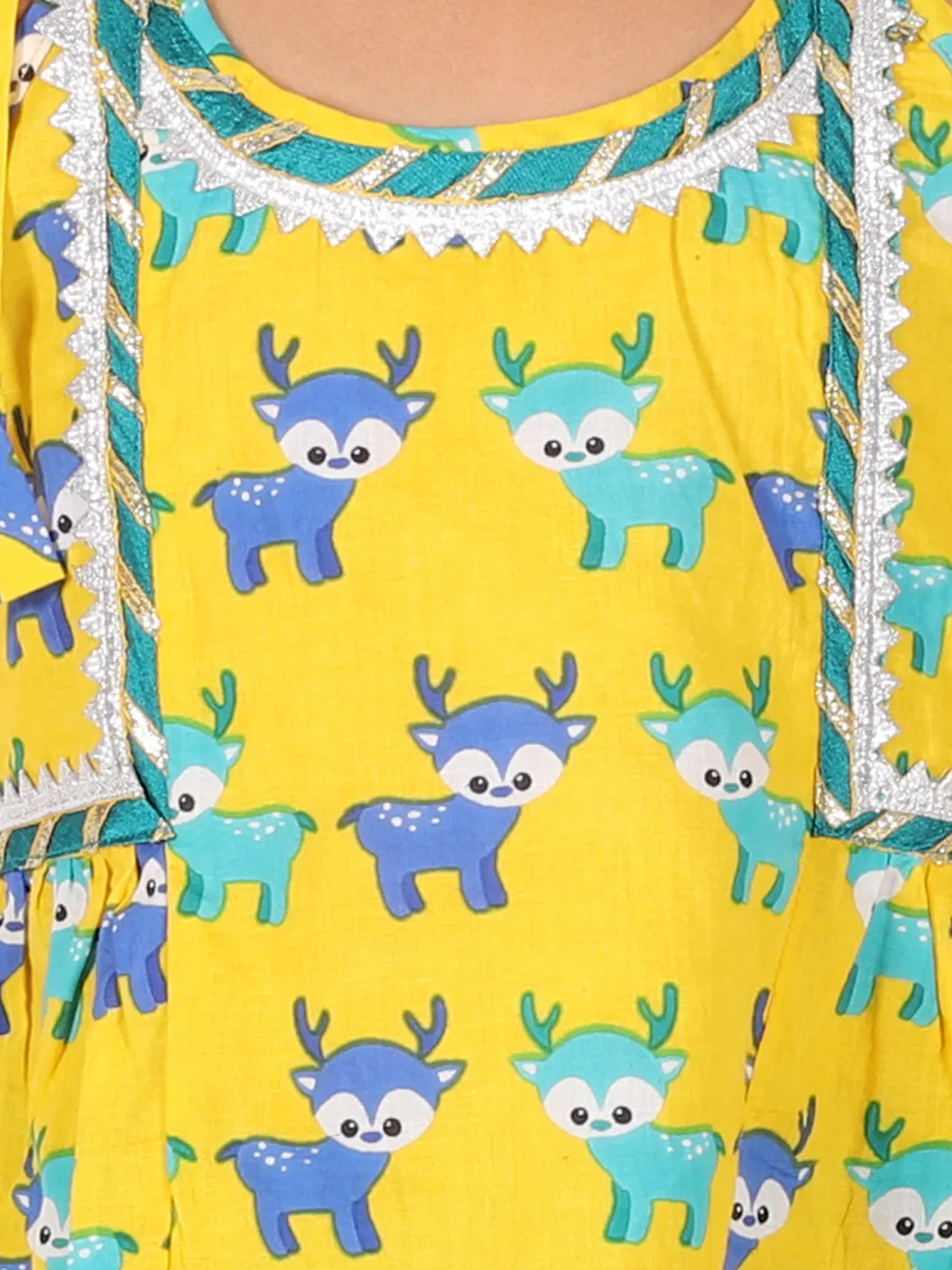 BownBee Sibling Set Embroidered Pure Cotton Kurta with Printed Dhoti for Boys with Deer Print Pure Cotton Top Harem Set for Girls- Green