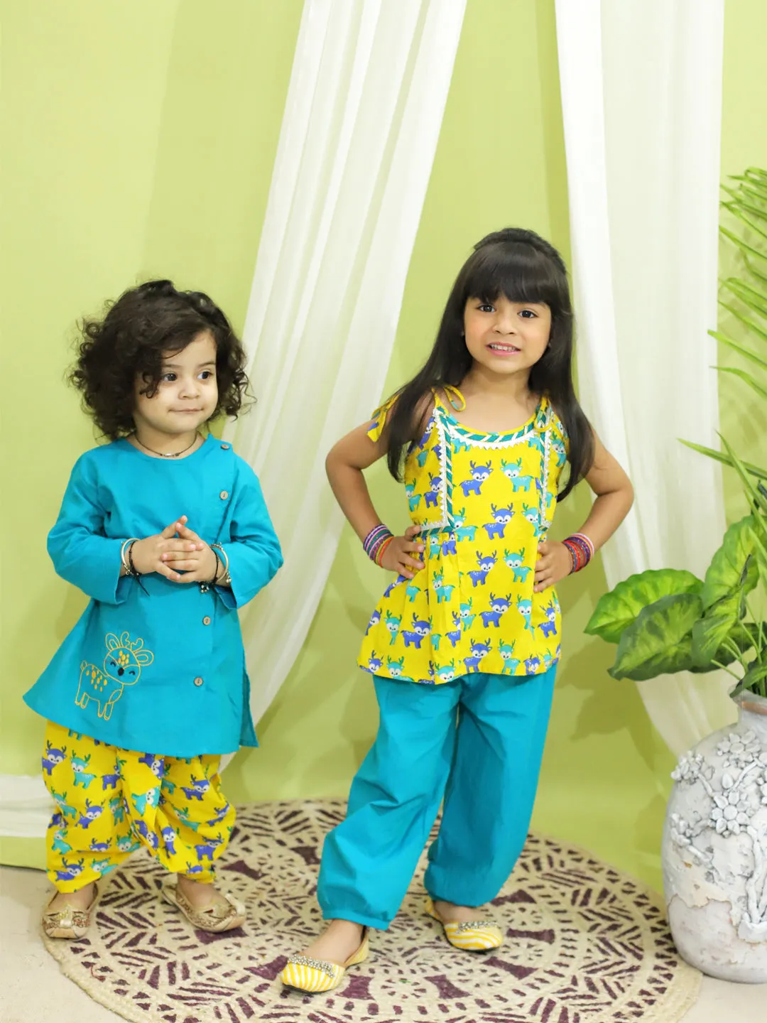 BownBee Sibling Set Embroidered Pure Cotton Kurta with Printed Dhoti for Boys with Deer Print Pure Cotton Top Harem Set for Girls- Green