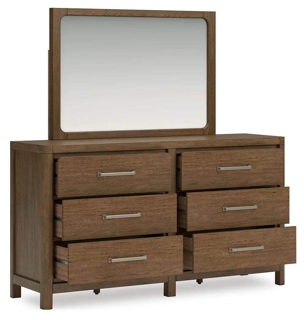 Cabalynn Queen Upholstered Bed with Mirrored Dresser, Chest and Nightstand in Light Brown