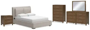 Cabalynn Queen Upholstered Bed with Mirrored Dresser, Chest and Nightstand in Light Brown
