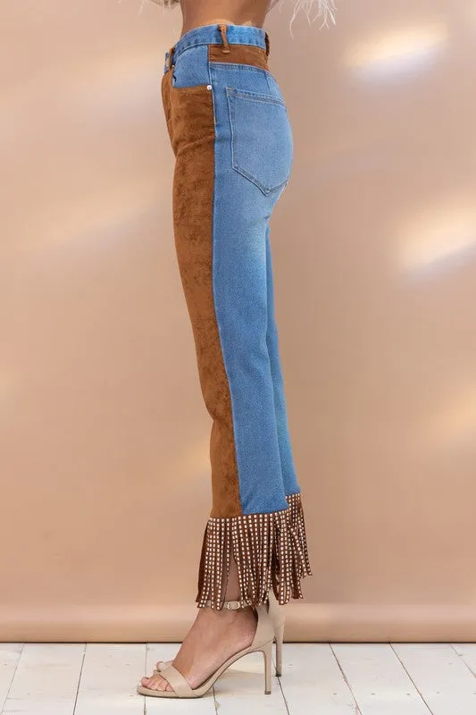 Camel Fringe Studded Hem Western Jeans