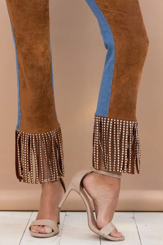 Camel Fringe Studded Hem Western Jeans