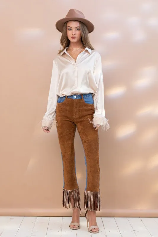 Camel Fringe Studded Hem Western Jeans
