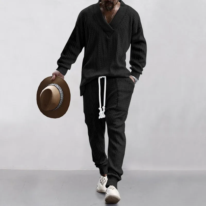 Casual Trousers V-neck Knitted Sweater Set