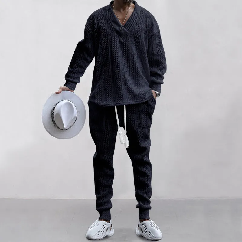 Casual Trousers V-neck Knitted Sweater Set
