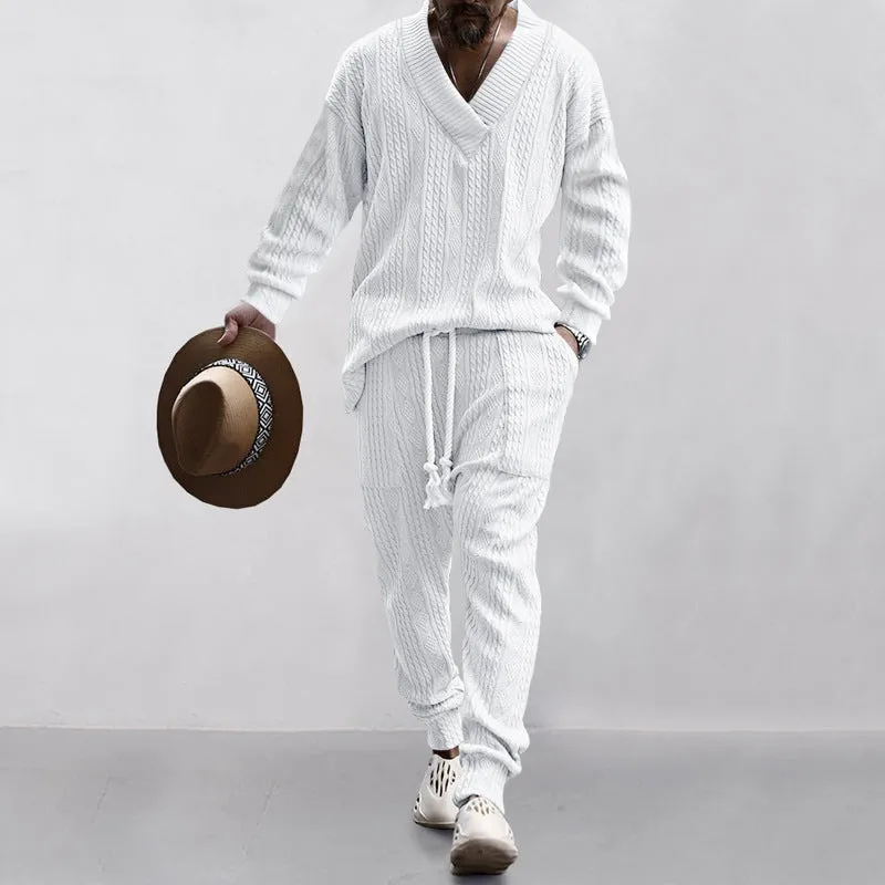 Casual Trousers V-neck Knitted Sweater Set