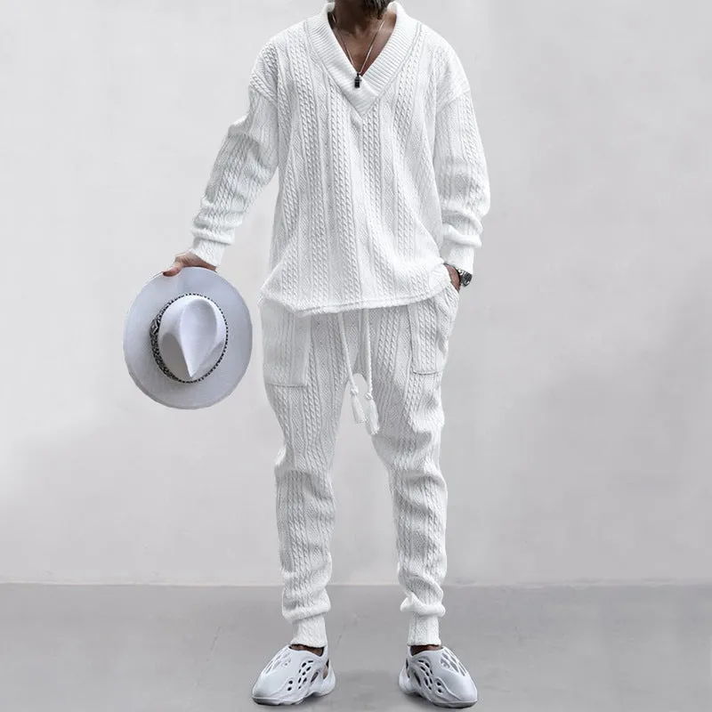 Casual Trousers V-neck Knitted Sweater Set