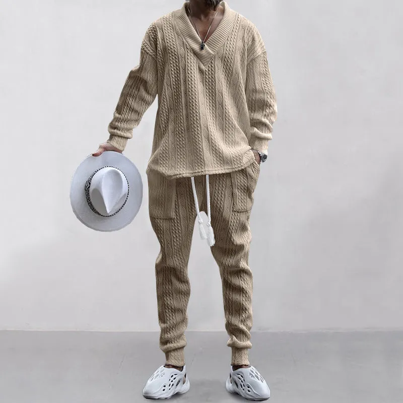 Casual Trousers V-neck Knitted Sweater Set