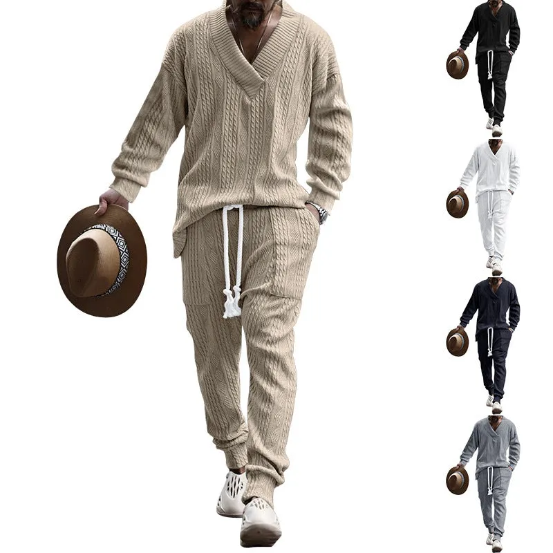 Casual Trousers V-neck Knitted Sweater Set