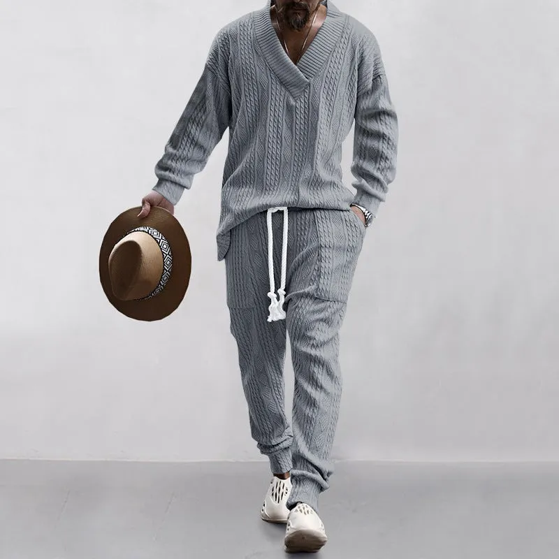 Casual Trousers V-neck Knitted Sweater Set