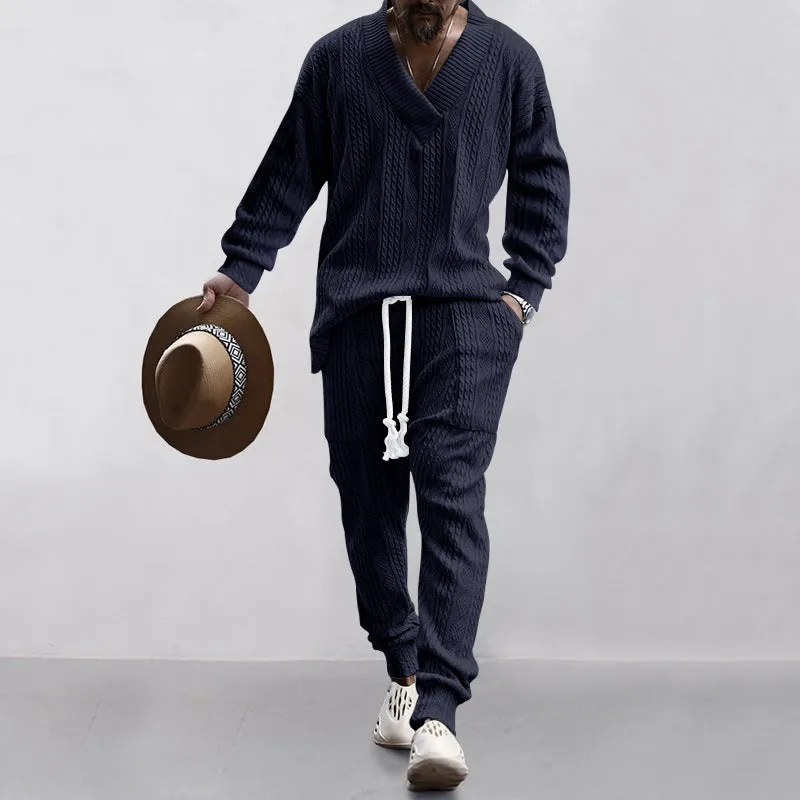 Casual Trousers V-neck Knitted Sweater Set