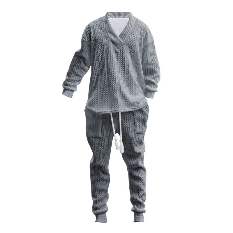 Casual Trousers V-neck Knitted Sweater Set
