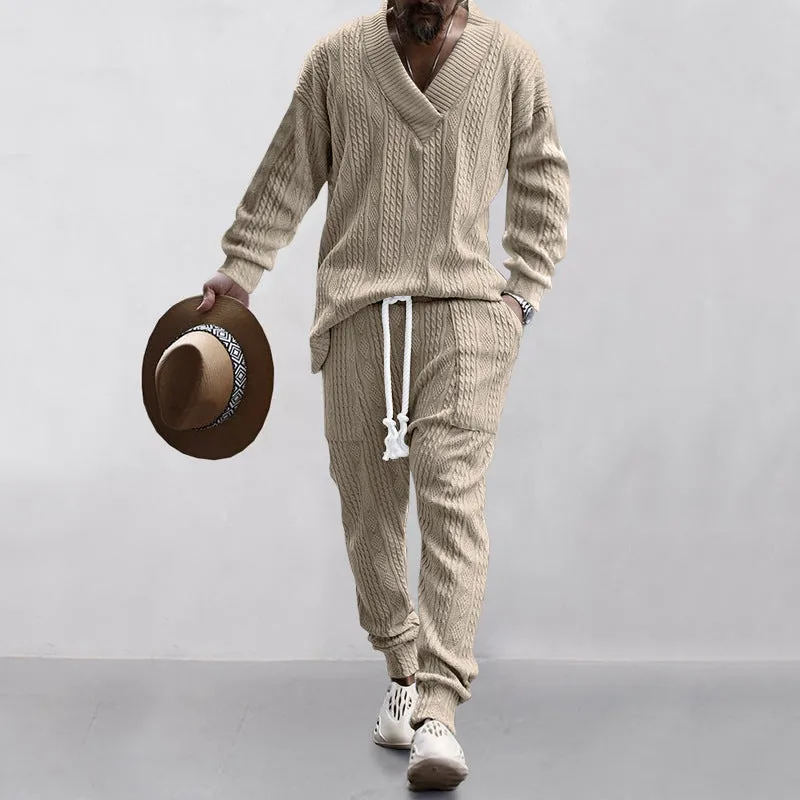 Casual Trousers V-neck Knitted Sweater Set