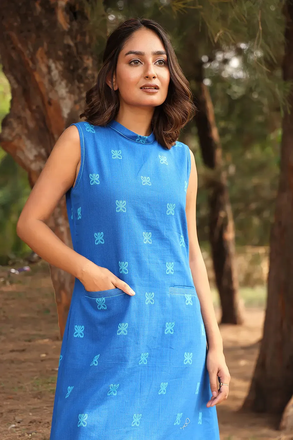 Dark Blue Butterfly Woven Pure Cotton Kurta With Blue Malai Cotton Pant Set