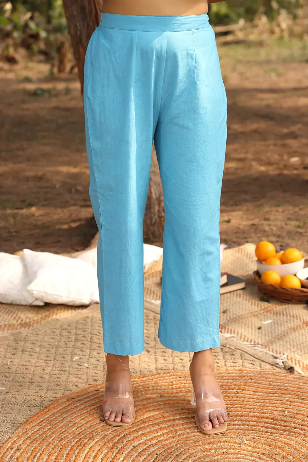 Dark Blue Butterfly Woven Pure Cotton Kurta With Blue Malai Cotton Pant Set