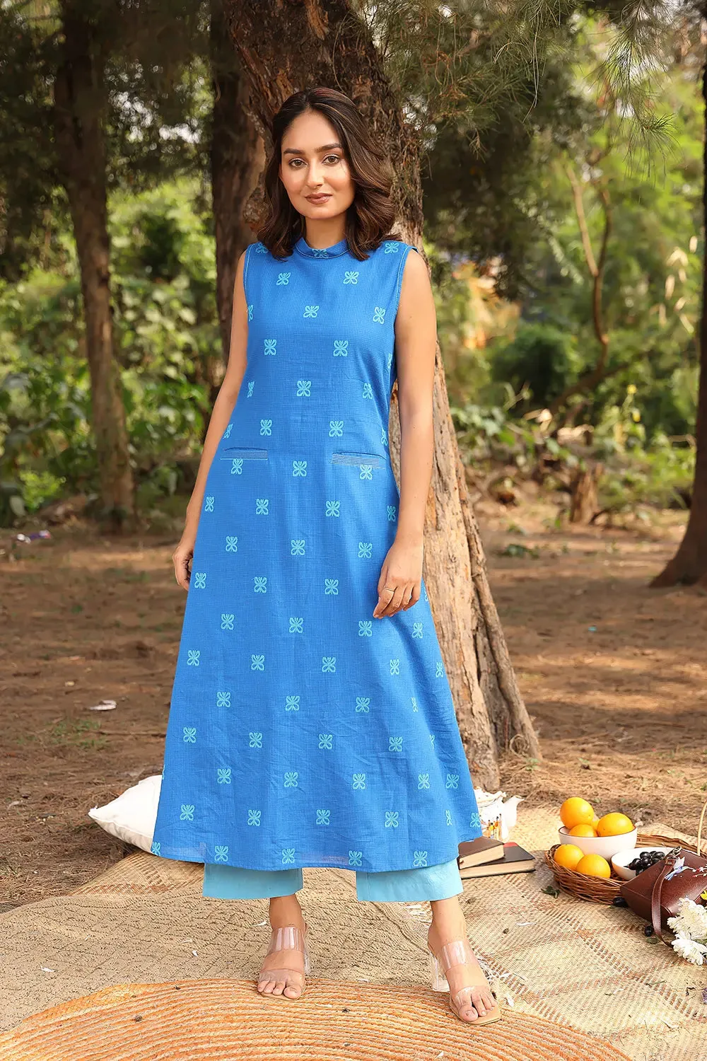 Dark Blue Butterfly Woven Pure Cotton Kurta With Blue Malai Cotton Pant Set