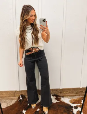 Denim Double Front Pocket Wide Leg Black(6112)