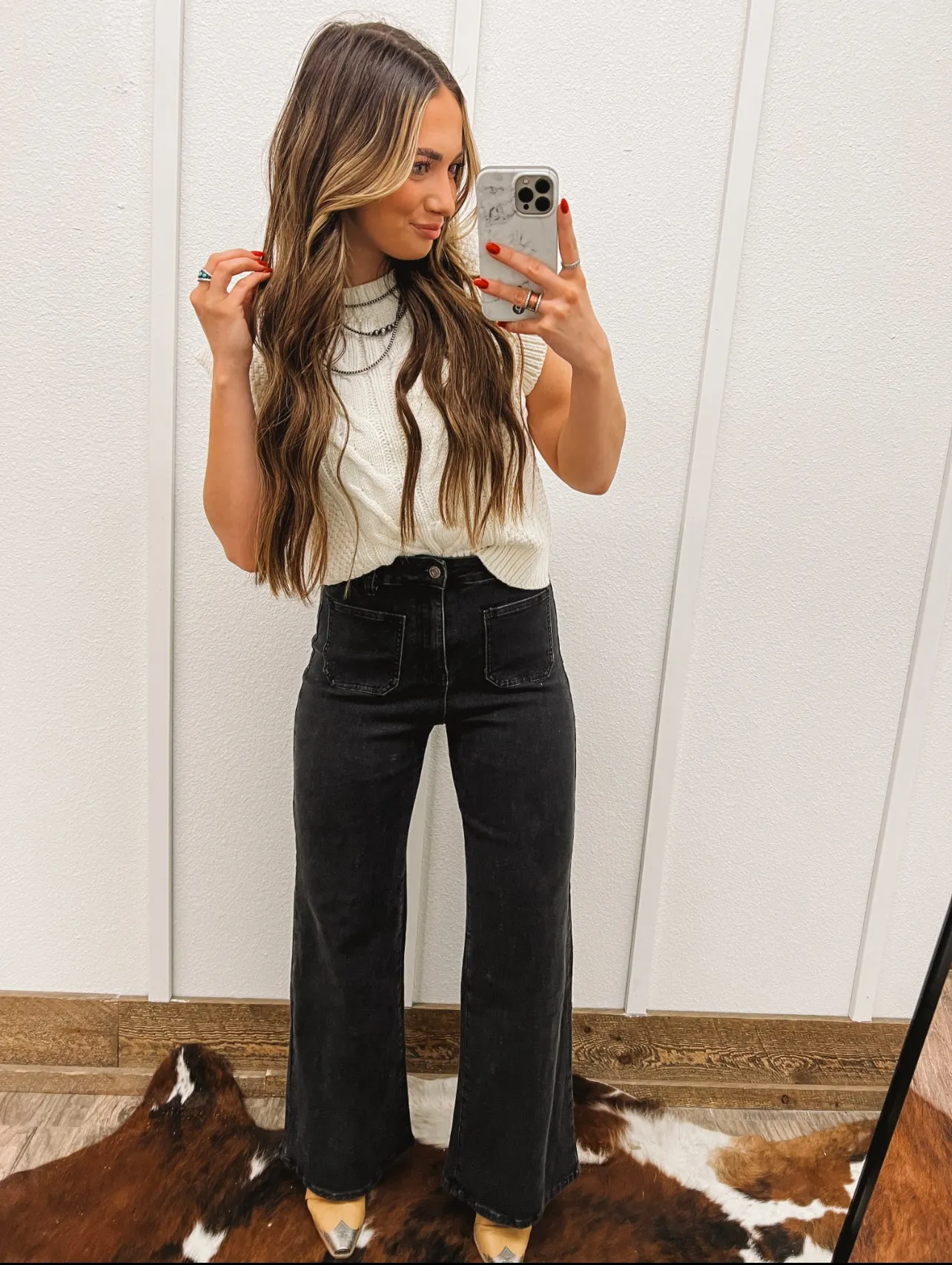 Denim Double Front Pocket Wide Leg Black(6112)