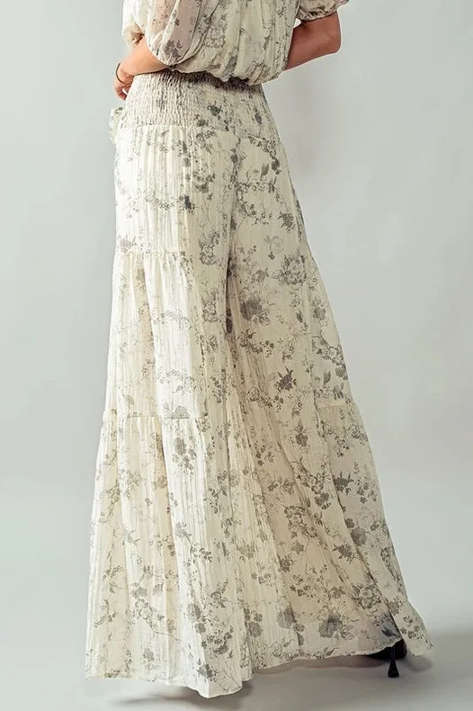 Elastic Waist Wide Leg Floral Pants