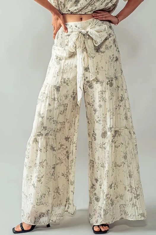 Elastic Waist Wide Leg Floral Pants