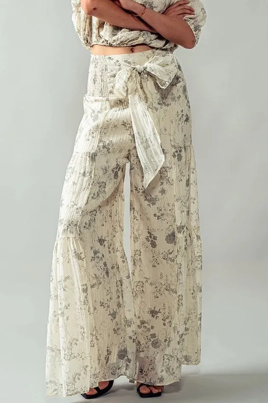 Elastic Waist Wide Leg Floral Pants