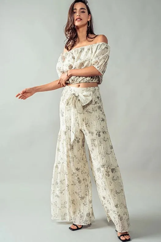 Elastic Waist Wide Leg Floral Pants