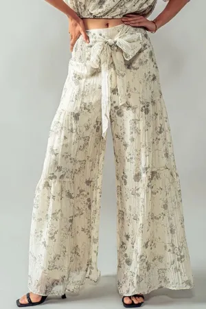 Elastic Waist Wide Leg Floral Pants