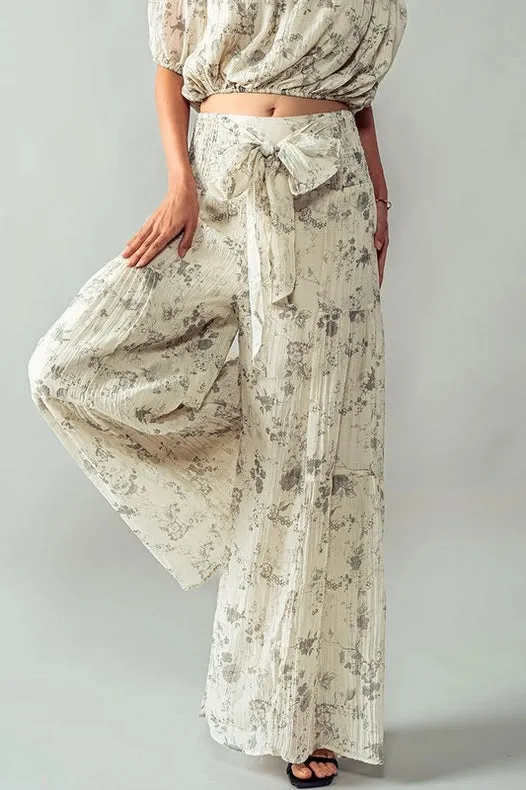 Elastic Waist Wide Leg Floral Pants