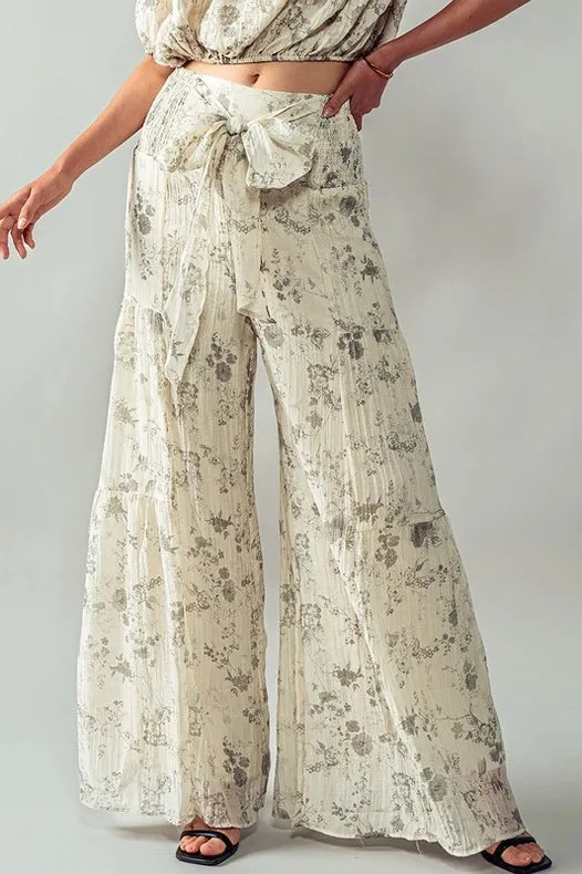 Elastic Waist Wide Leg Floral Pants