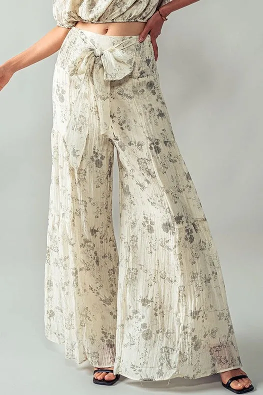 Elastic Waist Wide Leg Floral Pants