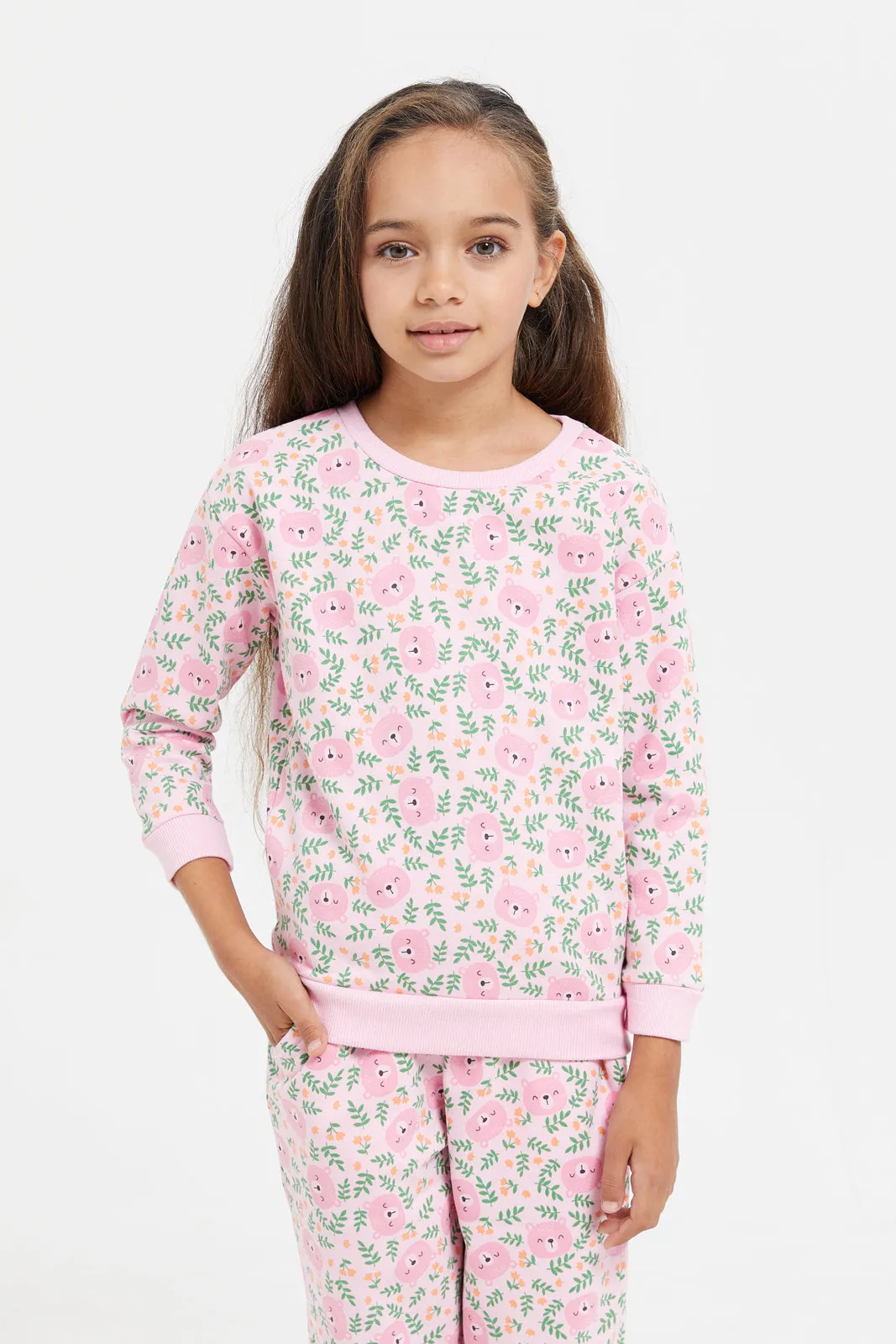 Girls Pink Printed Pyjama Set (2 Piece)