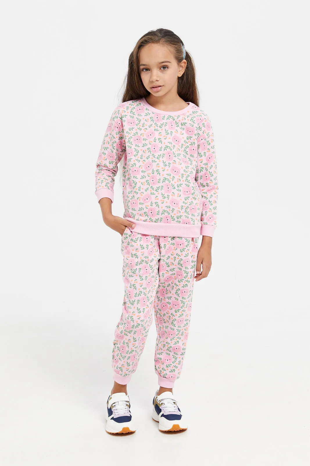 Girls Pink Printed Pyjama Set (2 Piece)