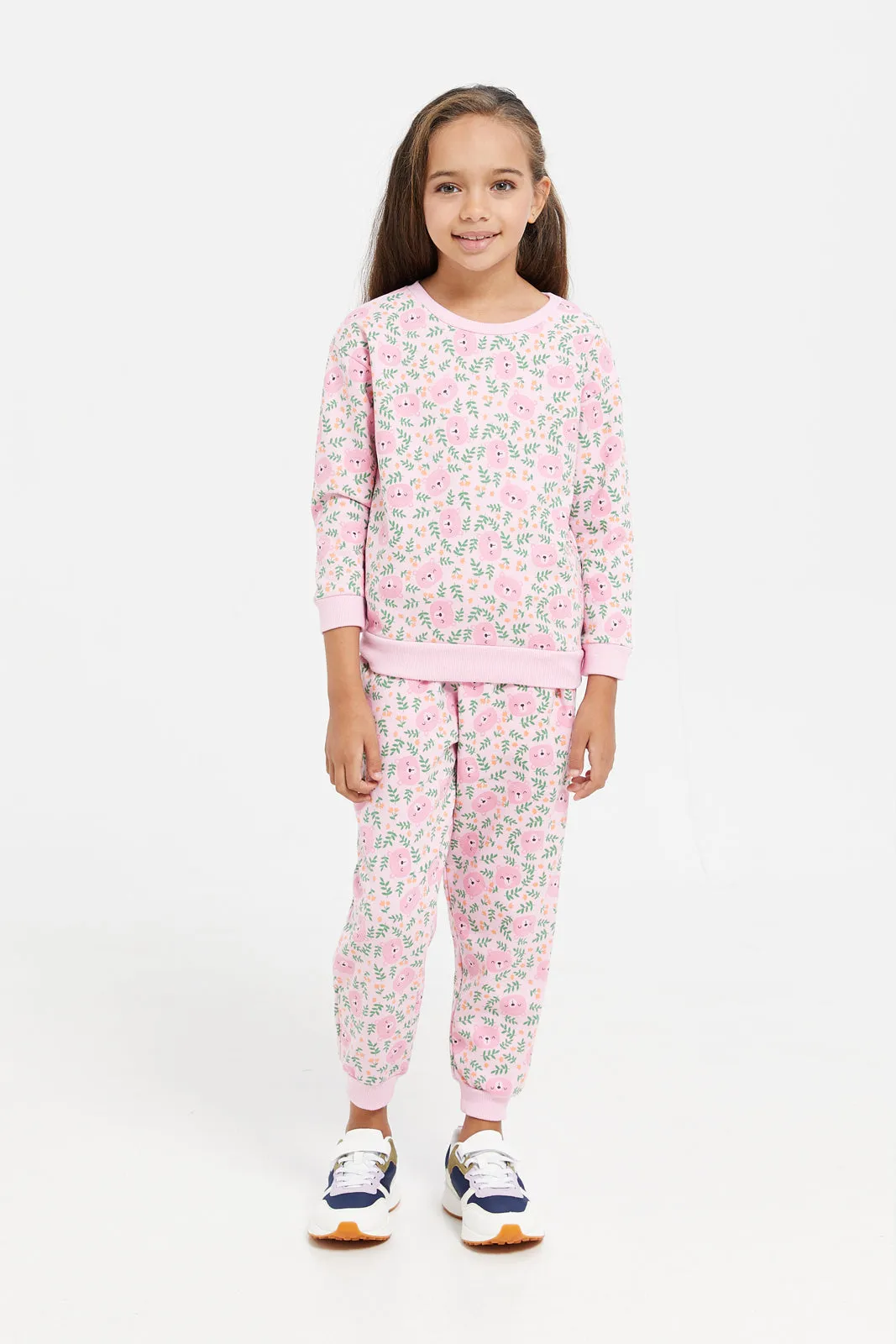 Girls Pink Printed Pyjama Set (2 Piece)