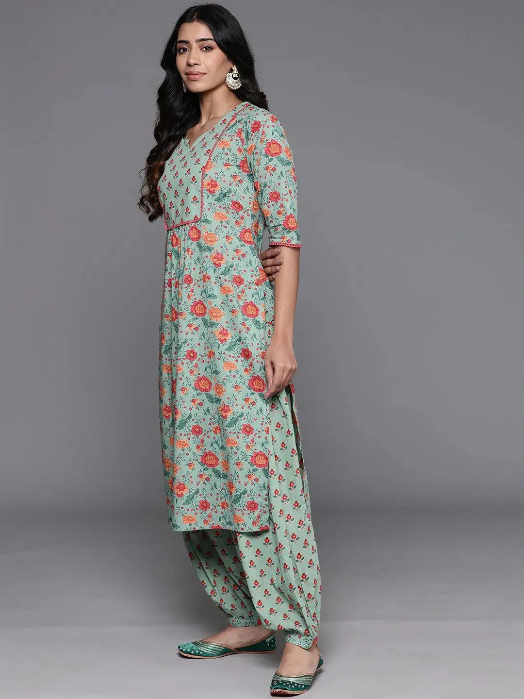 Green Printed Cotton Straight Kurta Set