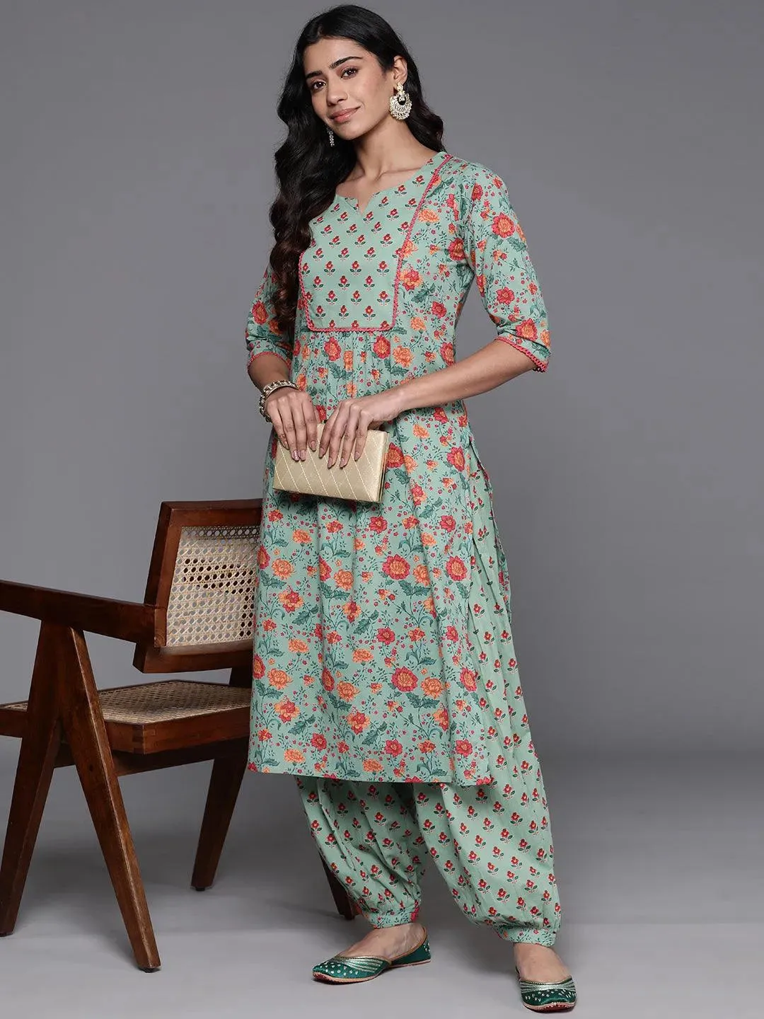 Green Printed Cotton Straight Kurta Set