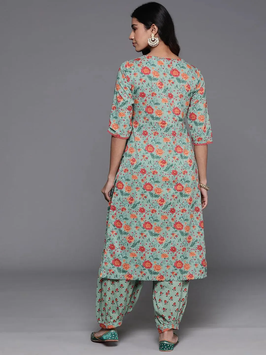 Green Printed Cotton Straight Kurta Set