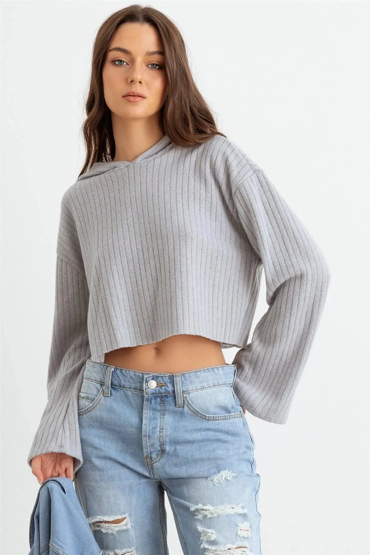 Light Gray Ribbed Bell Long Sleeve Hooded Crop Top