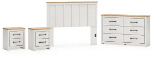 Linnocreek Queen Panel Headboard with Dresser and 2 Nightstands in White/Warm Brown