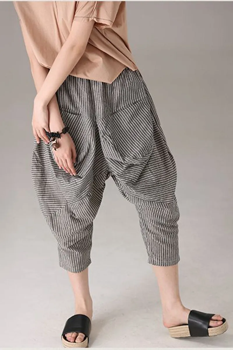 Loose Striped Harem Pants Women Cotton Linen Trouser