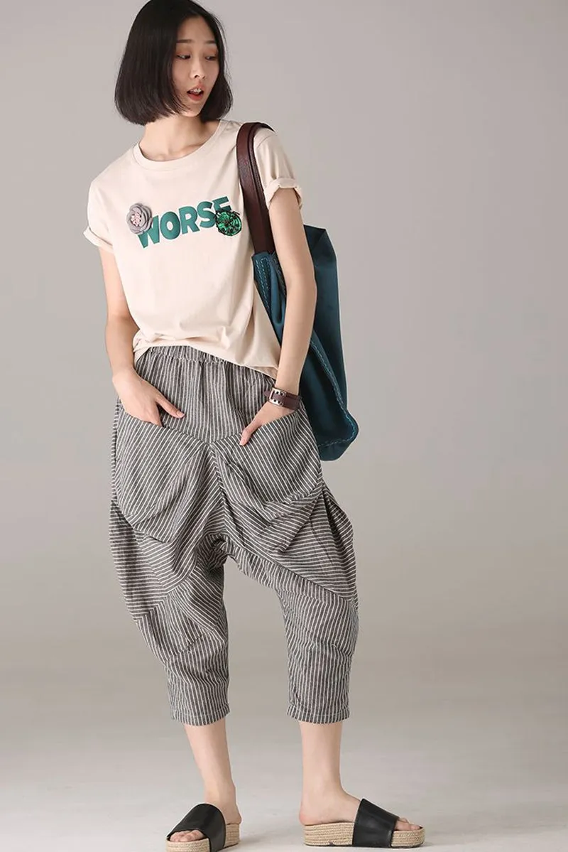 Loose Striped Harem Pants Women Cotton Linen Trouser