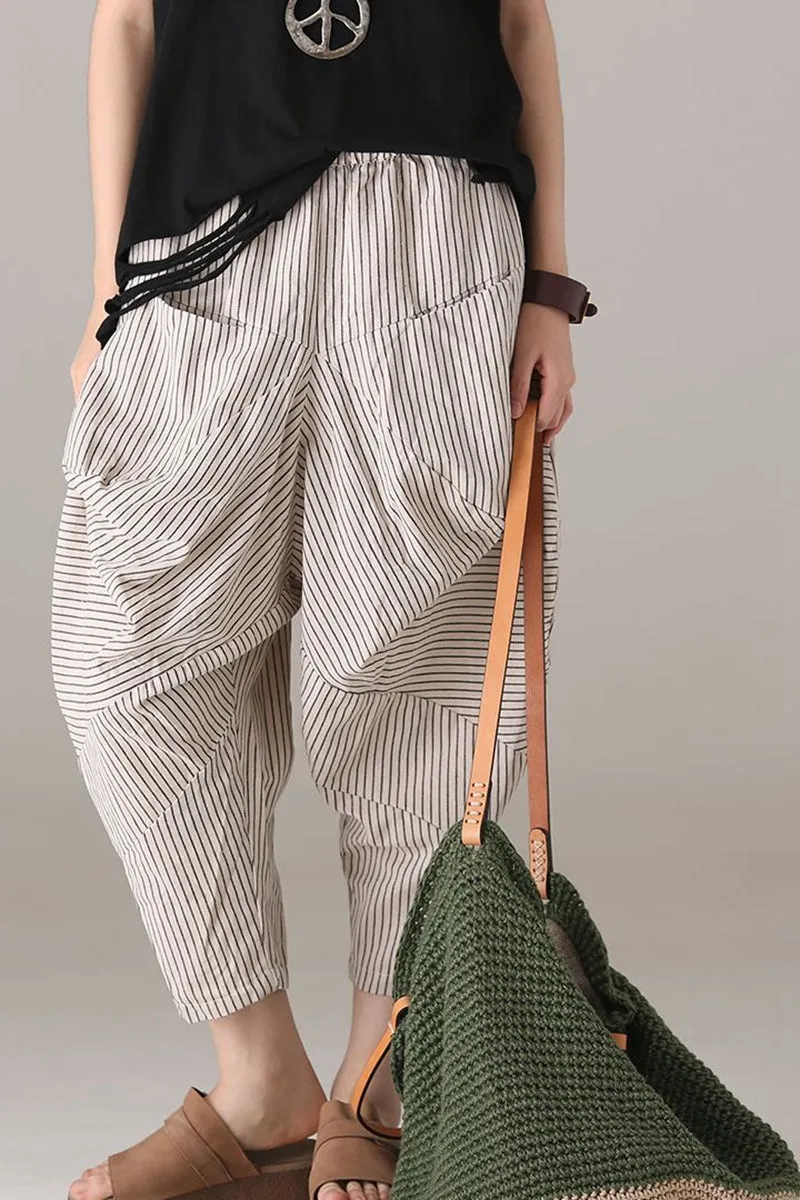 Loose Striped Harem Pants Women Cotton Linen Trouser